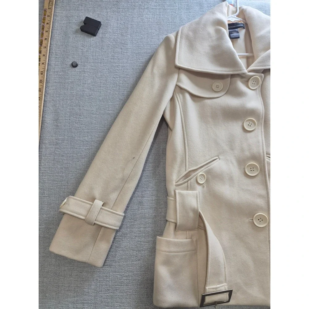 Moda International Belted Pea Coat Women Small Beige Wool Double Breasted Winter
